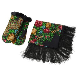 Набор: Павлопосадский платок, рукавицы, черный/разноцветный