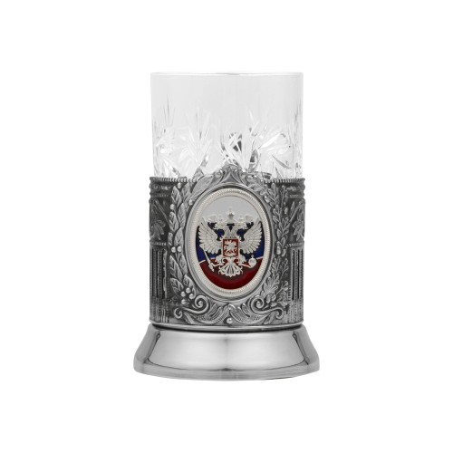 Подстаканник с хрустальным стаканом и ложкой РОССИЙСКИЙ-М, серебристый/прозрачный