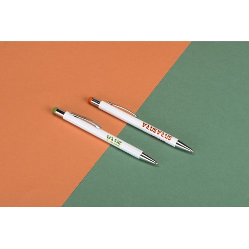 Ручка металлическая шариковая Flowery со стилусом и цветным зеркальным слоем, белый/оранжевый
