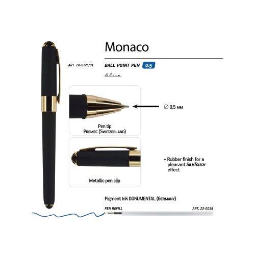 Ручка пластиковая шариковая Monaco, 0,5мм, синие чернила, черный