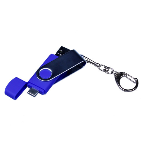 USB-флешка на 64 ГБ поворотный механизм, c двумя дополнительными разъемами MicroUSB и TypeC, синий USB-флешка на 64 ГБ поворотный механизм, c двумя дополнительными разъемами MicroUSB и TypeC, синий