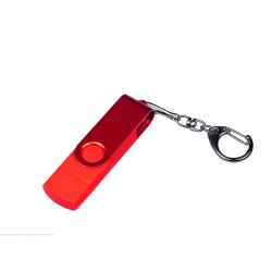 USB-флешка на 64 ГБ 3 в 1 поворотный механизм, c двумя дополнительными разъемами MicroUSB и TypeC C с одноцветным металлическим клипом, красный