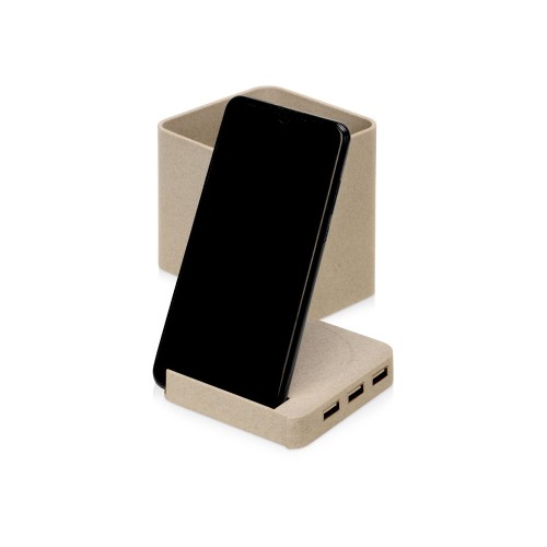 Настольный органайзер Cubic из пшеничного волокна с функцией беспроводной зарядки и выходами USB