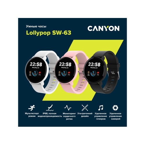 Умные часы CANYON Lollypop SW-63, IP 68, BT 5.0, сенсорный дисплей 1.3, черный