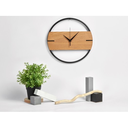 Деревянные часы с металлическим ободом, диаметр 30 см, Time Wheel горизонтальные, натуральный/черн