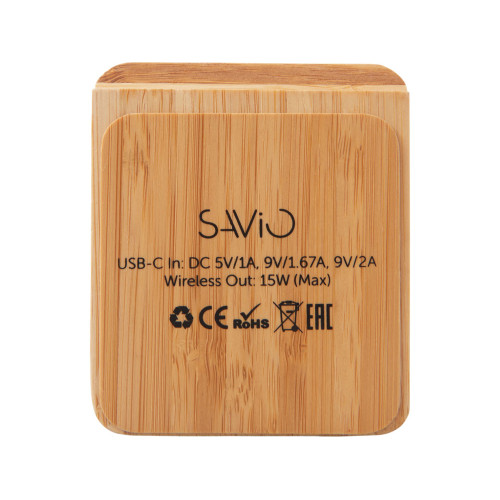 Беспроводное зарядное устройство 2-в-1 с подсветкой лого Reedia S4, 15 Вт, бамбук, черный