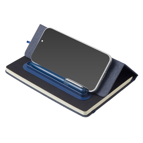 Набор блокнот А5 с магнитным держателем для ручки и подставкой для телефона и металлической шариковой ручкой NotaBene, темно-синий