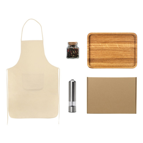 Подарочный набор для кухни с фартуком, подносом, мельницей и специями Подарочный набор для кухни с фартуком, подносом, мельницей и специями