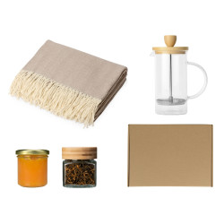 Подарочный набор с пледом, френчпрессом, чаем и вареньем, бежевый