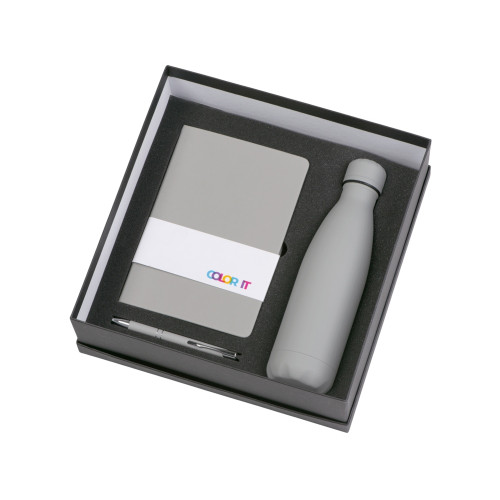 Подарочный набор с блокнотом С2, металлической ручкой и термобутылкой, серый