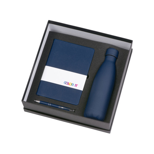 Подарочный набор с блокнотом С3, металлической ручкой и термобутылкой, темно-синий