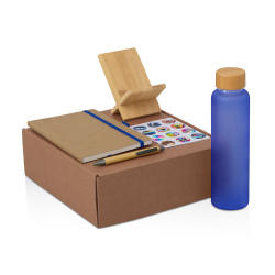 Подарочный набор с бутылкой для воды. блокнотом, ручкой и подставкой для телефона, синий