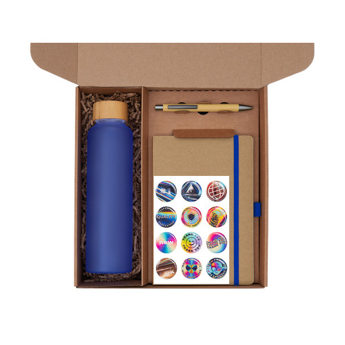 Подарочный набор с бутылкой для воды. блокнотом, ручкой и подставкой для телефона, синий