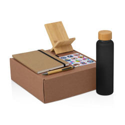 Подарочный набор с бутылкой для воды. блокнотом, ручкой и подставкой для телефона, черный