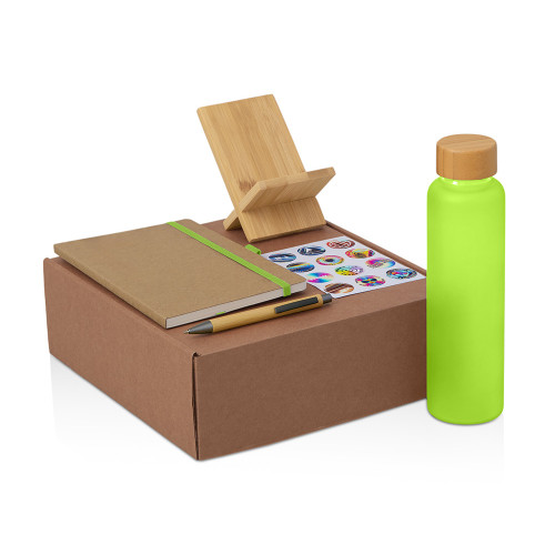 Подарочный набор с бутылкой для воды. блокнотом, ручкой и подставкой для телефона, зеленое яблоко Подарочный набор с бутылкой для воды. блокнотом, ручкой и подставкой для телефона, зеленое яблоко