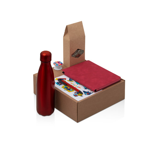 Подарочный набор с термобутылкой, блокнотом, ручкой и чаем, красный Подарочный набор с термобутылкой, блокнотом, ручкой и чаем, красный