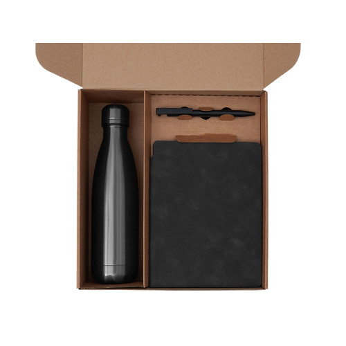 Подарочный набор с термобутылкой, блокнотом, ручкой и чаем, черный Подарочный набор с термобутылкой, блокнотом, ручкой и чаем, черный