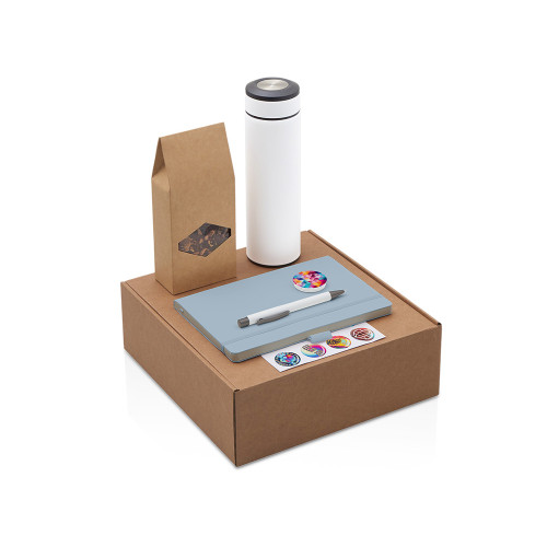 Подарочный набор с термосом, блокнотом, ручкой и чаем, голубой