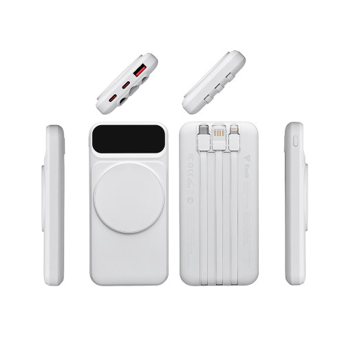 Магнитный беспроводной внешний аккумулятор со встроенными кабелями Мэни,быстаря зарядка, 10000 мАч, белый