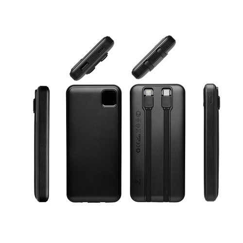 Внешний аккумулятор со встроенными кабелями Фрэйм, 10000мач, черный Внешний аккумулятор со встроенными кабелями Фрэйм, 10000мач, черный