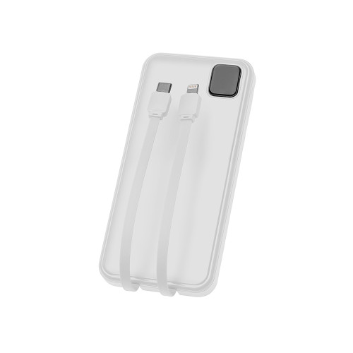 Внешний аккумулятор со встроенными кабелями Фрэйм, 10000мач, белый Внешний аккумулятор со встроенными кабелями Фрэйм, 10000мач, белый