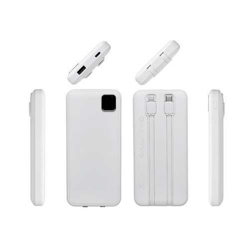 Внешний аккумулятор со встроенными кабелями Фрэйм, 10000мач, белый Внешний аккумулятор со встроенными кабелями Фрэйм, 10000мач, белый