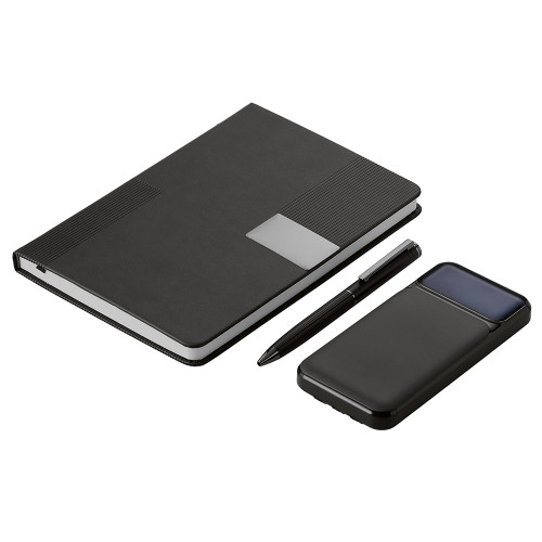 Подарочный набор Tesla с блокнотом А5, ручкой и пауэрбенком на 10 000 mAh, черный