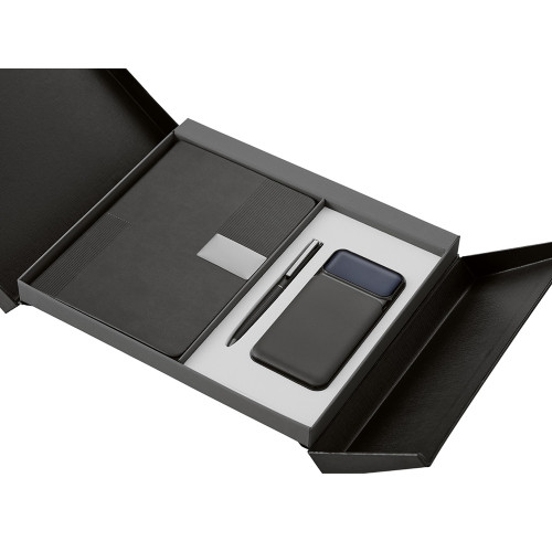 Подарочный набор Tesla с блокнотом А5, ручкой и пауэрбенком на 10 000 mAh, черный