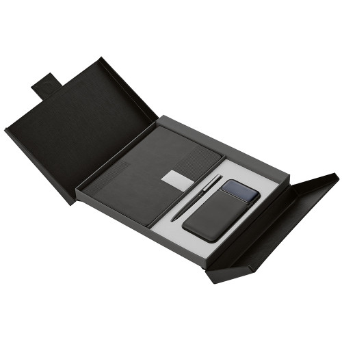 Подарочный набор Tesla с блокнотом А5, ручкой и пауэрбенком на 10 000 mAh, черный