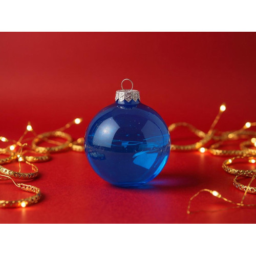 Стеклянный елочный шар Christmas bauble, синий прозрачный, с серебристым колпачком в черной коробке