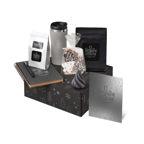 Подарочный набор c термокружкой, чаем, кофе и блокнотом, серый