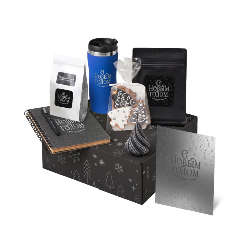 Подарочный набор c термокружкой, чаем, кофе и блокнотом, синий