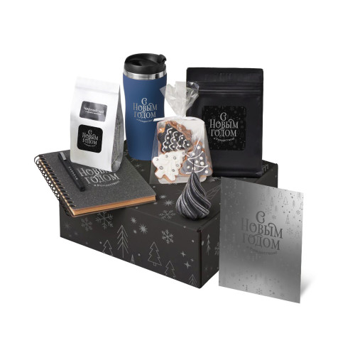 Подарочный набор c термокружкой, чаем, кофе и блокнотом, темно-синий