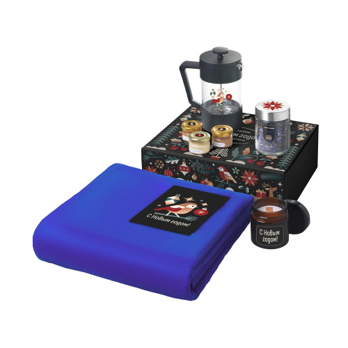 Подарочный набор c пледом, френчпрессом, чаем и медом, синий