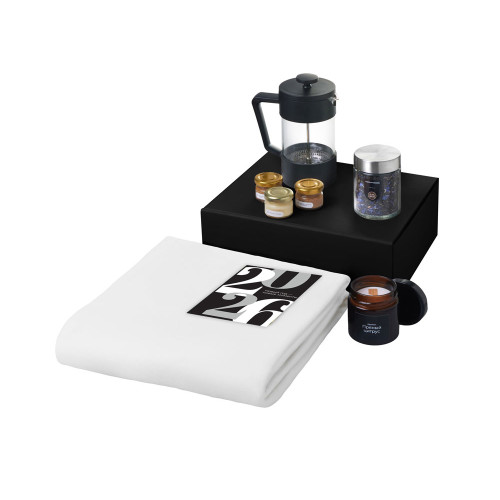 Подарочный набор c пледом, френчпрессом, чаем и медом, белый