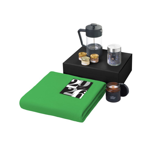 Подарочный набор c пледом, френчпрессом, чаем и медом, зеленый