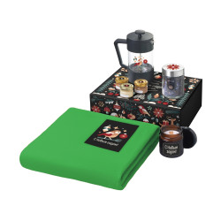 Подарочный набор c пледом, френчпрессом, чаем и медом, зеленый