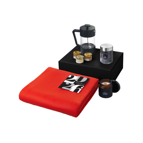 Подарочный набор c пледом, френчпрессом, чаем и медом, красный