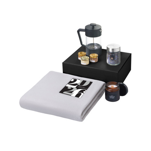 Подарочный набор c пледом, френчпрессом, чаем и медом, серый