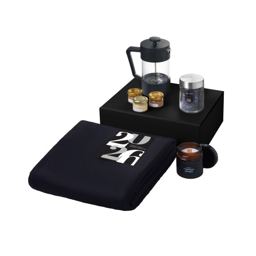 Подарочный набор c пледом, френчпрессом, чаем и медом, черный