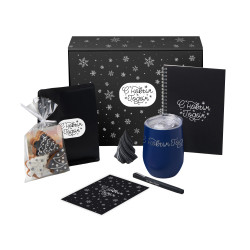 Подарочный набор c термокружкой, блокнотом, ручкой и свечкой, темно - синий