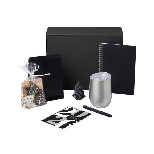 Подарочный набор c термокружкой, блокнотом, ручкой и свечкой, серебристый