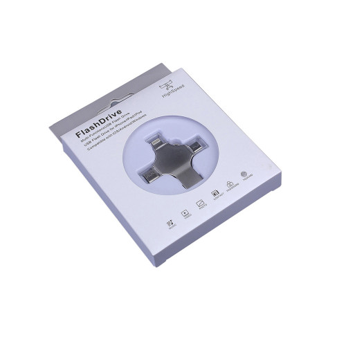 USB-флешка на 64 Гб 4 в 1 поворотный механизм, c дополнительными разъемами MicroUSB, TypeC и Lightning, серебристый