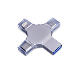 USB-флешка на 64 Гб 4 в 1 поворотный механизм, c дополнительными разъемами MicroUSB, TypeC и Lightning, серебристый