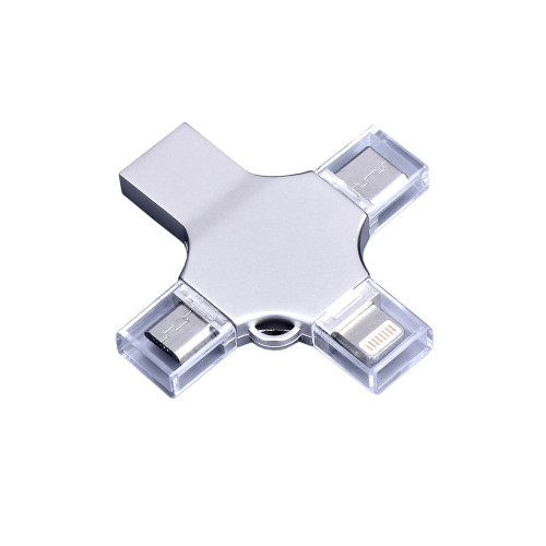 USB-флешка на 64 Гб 4 в 1 поворотный механизм, c дополнительными разъемами MicroUSB, TypeC и Lightning, серебристый