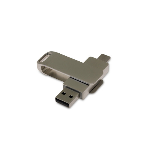 USB 3.0- флешка на 32 Гб поворотный механизм 2 в 1, c дополнительным разъемом Type-C с одноцветным металлическим клипом, серый