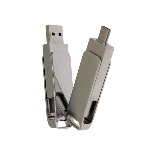USB 3.0- флешка на 32 Гб поворотный механизм 2 в 1, c дополнительным разъемом Type-C с одноцветным металлическим клипом, серый