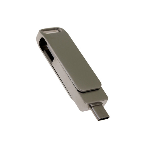 USB 3.0- флешка на 32 Гб поворотный механизм 2 в 1, c дополнительным разъемом Type-C с одноцветным металлическим клипом, серый