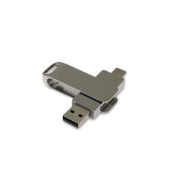 USB-флешка на 32 Гб поворотный механизм 2 в 1, c дополнительным разъемом Type-C с одноцветным металлическим клипом, серебристый