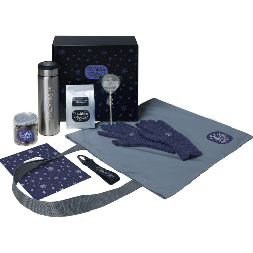 Подарочный набор с перчатками, термосом и чаем, темно-синий